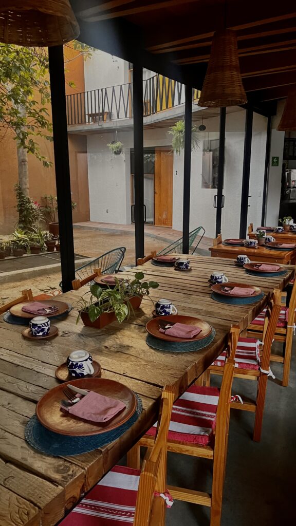 a dining table with chairs